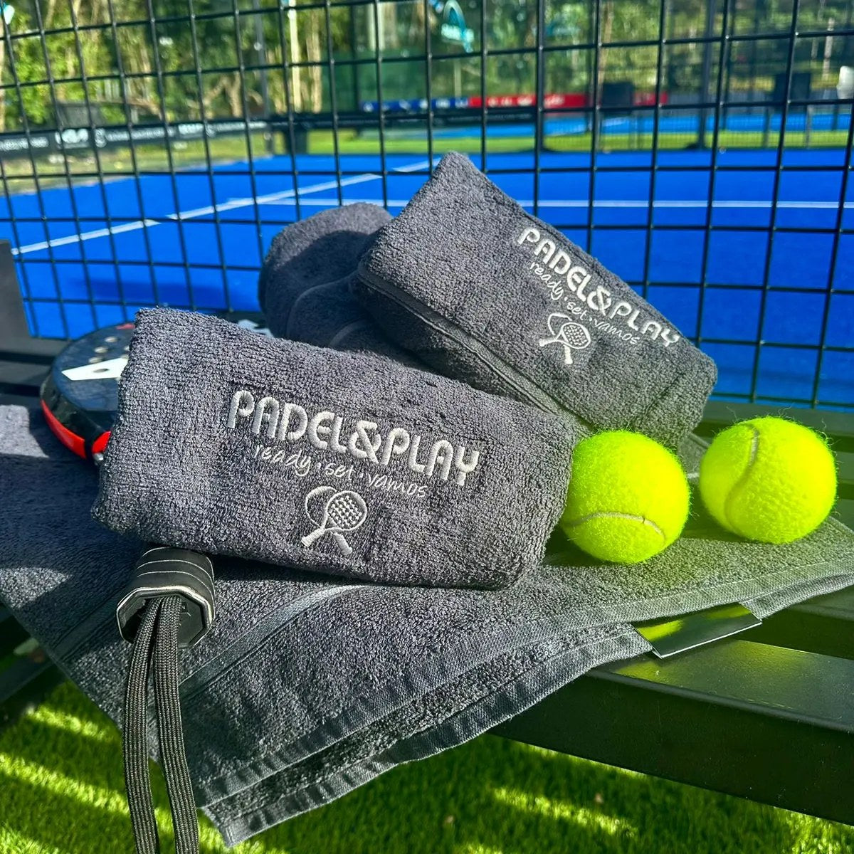 padel&play embroidered hand towel in charcoal grey, courtside