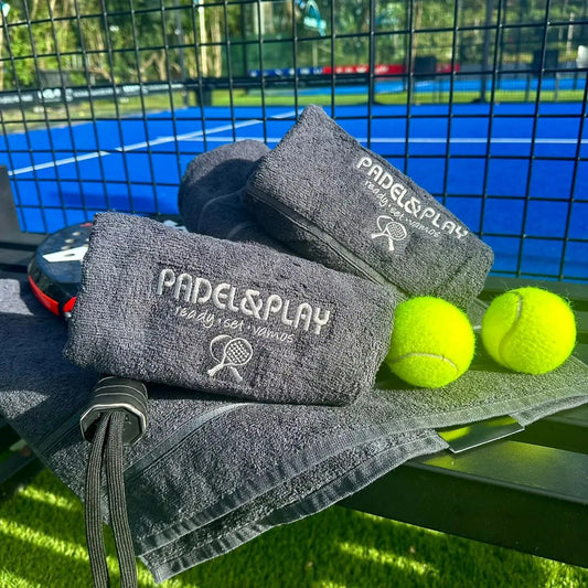 padel&play embroidered hand towel in charcoal grey, courtside