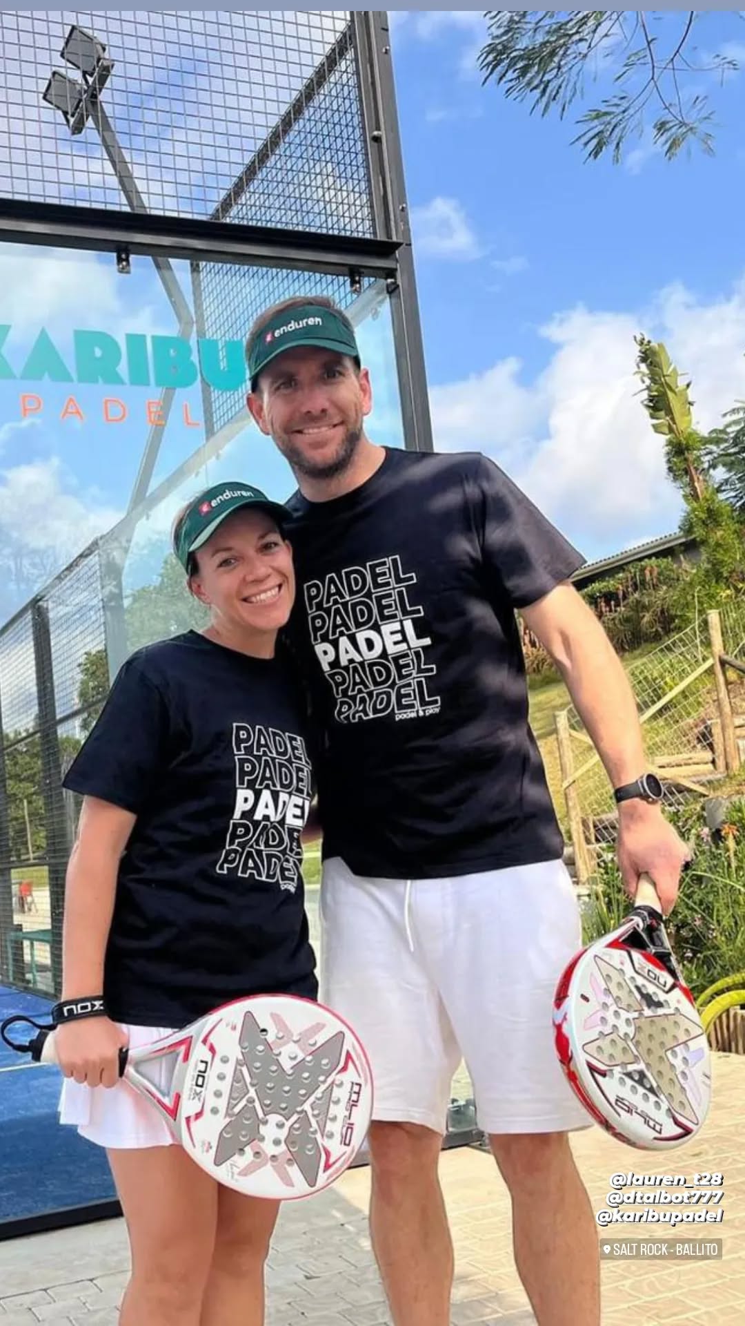 Two Zazu customers wearing Padel Padel Padel shirts on a padel court
